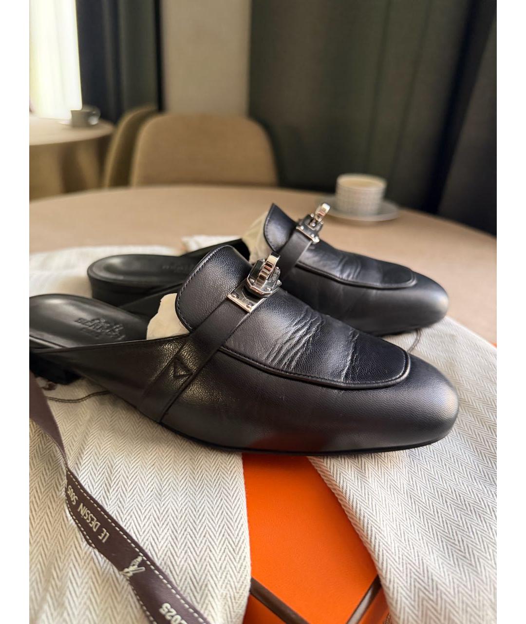 HERMES Черные кожаные мюли, фото 6