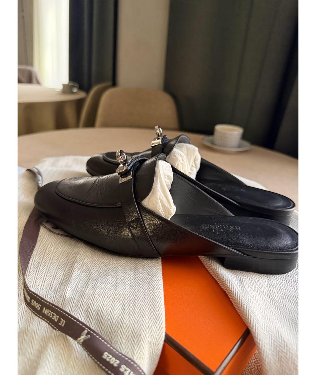 HERMES Черные кожаные мюли, фото 7