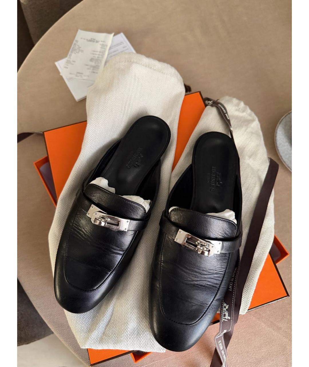 HERMES Черные кожаные мюли, фото 2