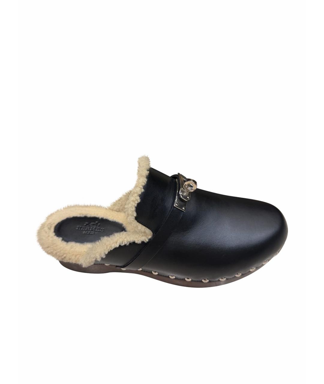 HERMES Черные кожаные мюли, фото 1