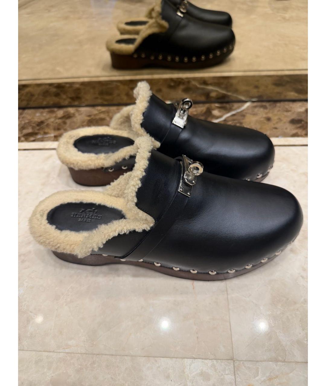 HERMES Черные кожаные мюли, фото 5