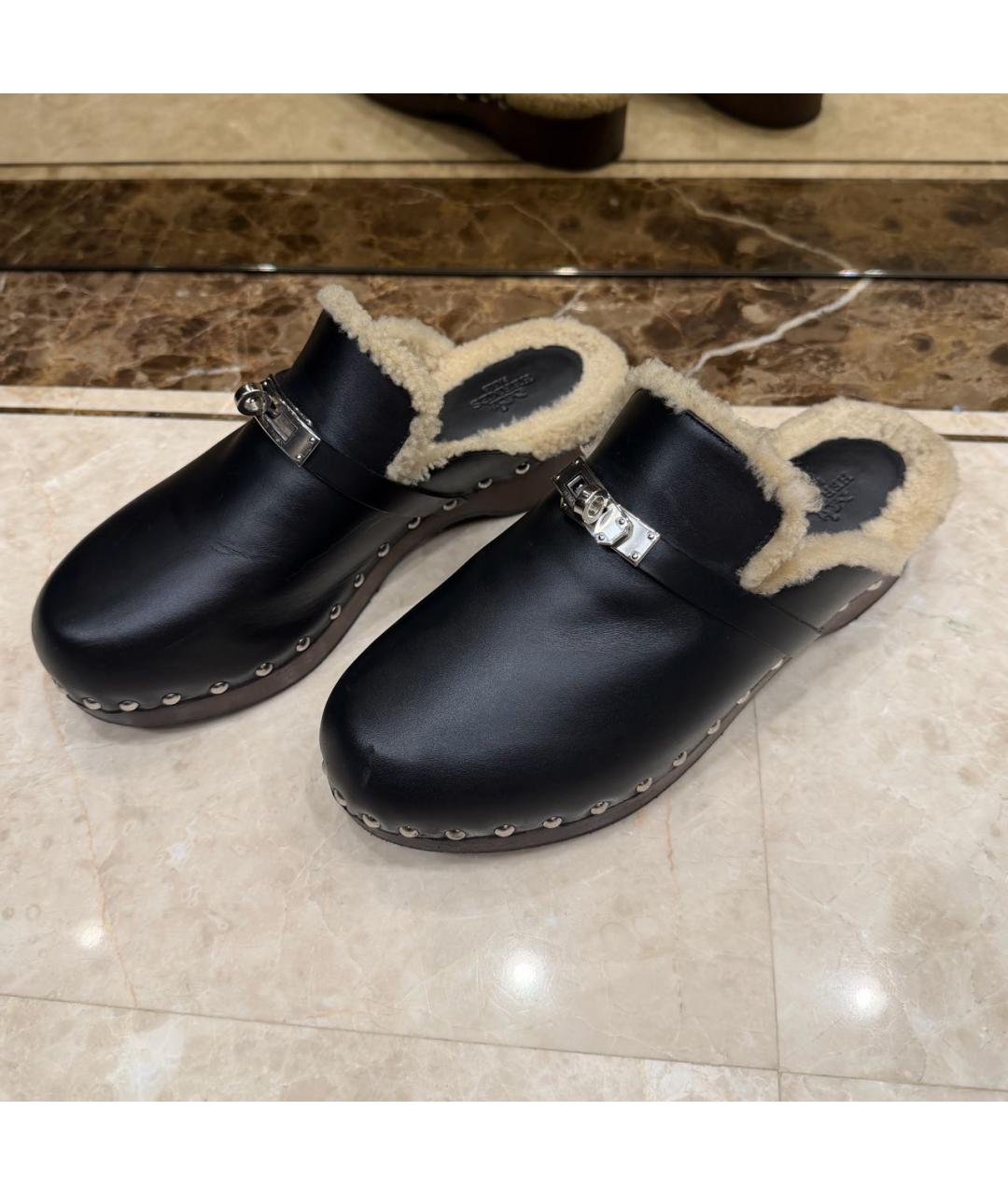 HERMES Черные кожаные мюли, фото 2