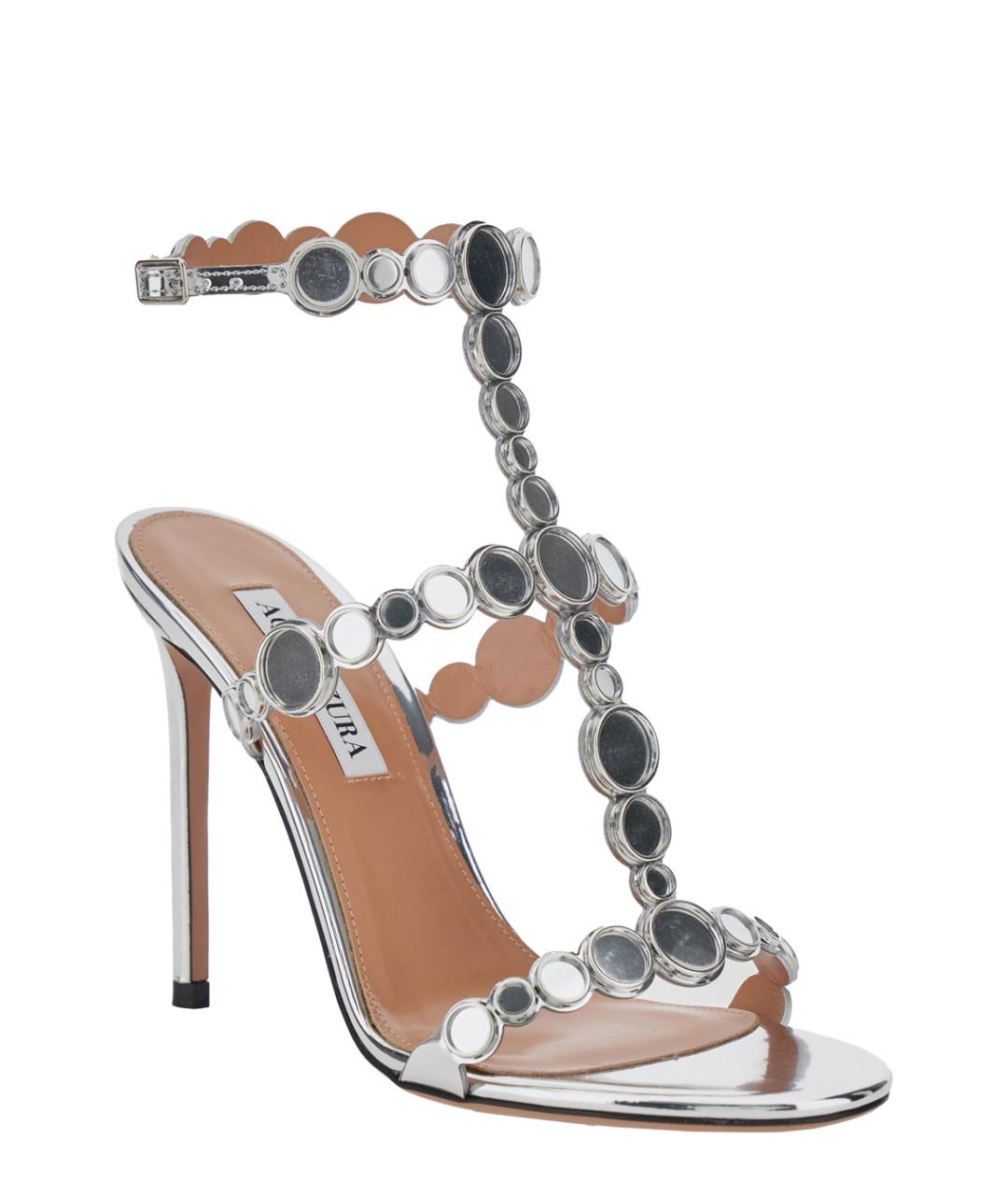 AQUAZZURA Серебряные кожаные босоножки, фото 2