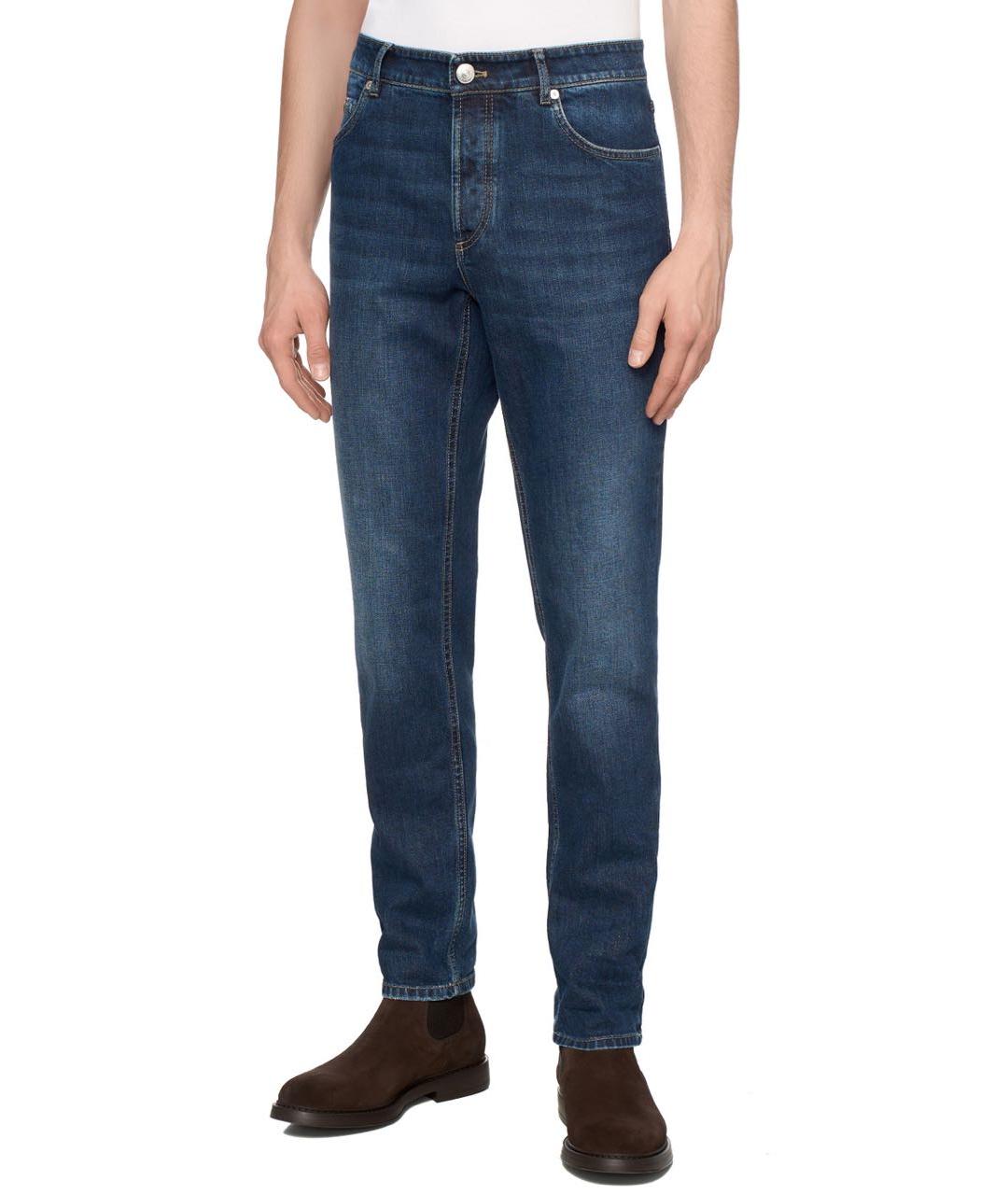 BRUNELLO CUCINELLI Темно-синие хлопковые прямые джинсы, фото 3