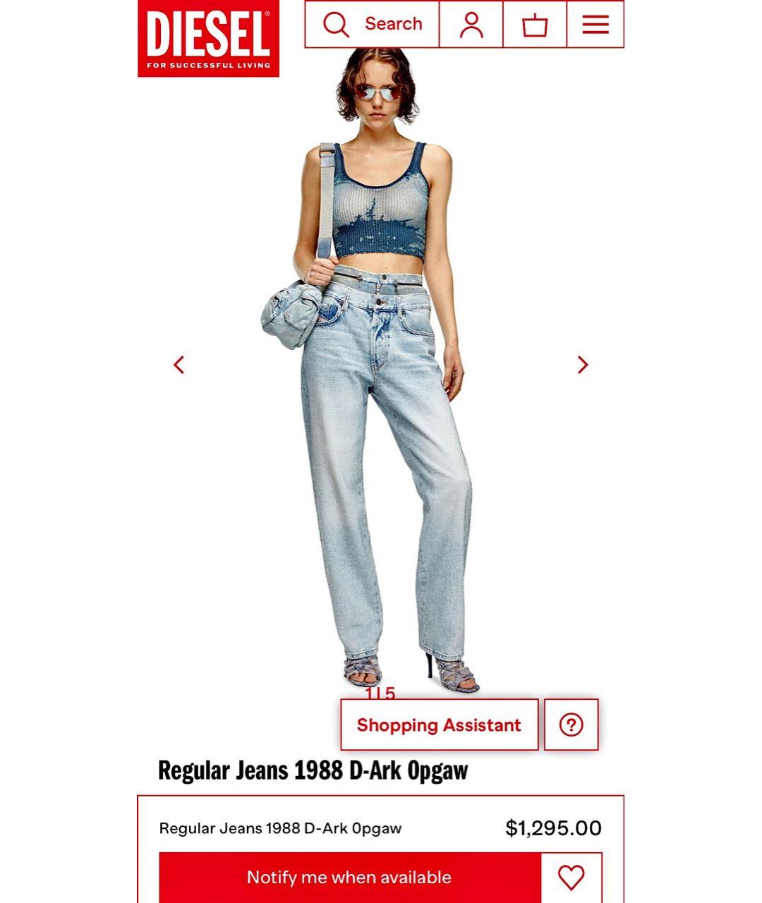 DIESEL Голубые хлопковые прямые джинсы, фото 2