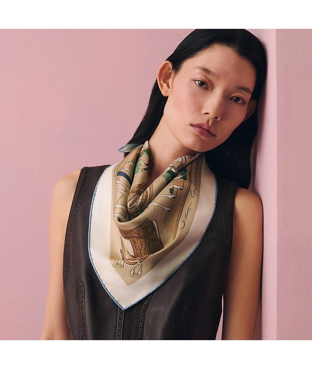 HERMES Бежевый шелковый платок, фото 4