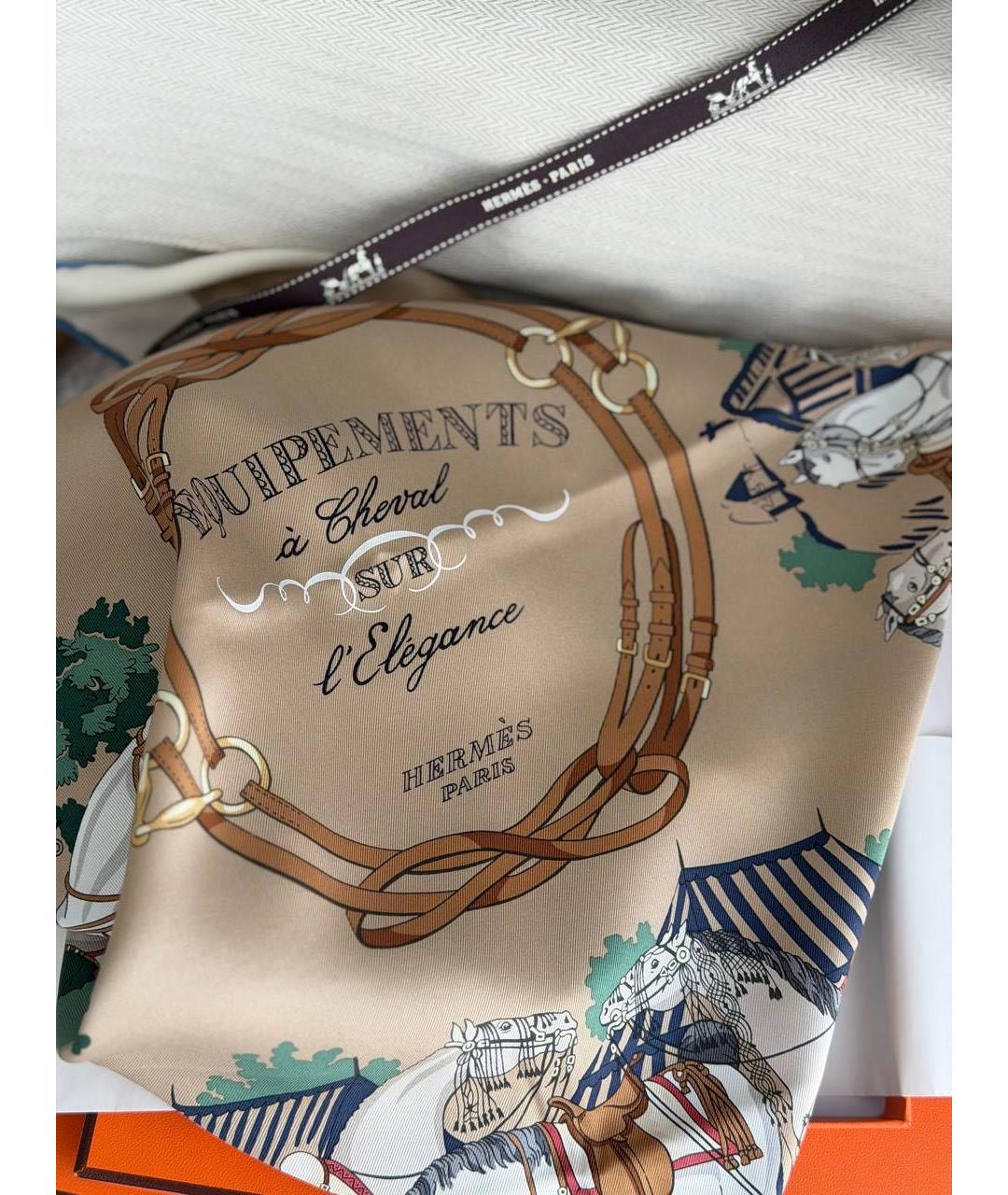 HERMES Бежевый шелковый платок, фото 3