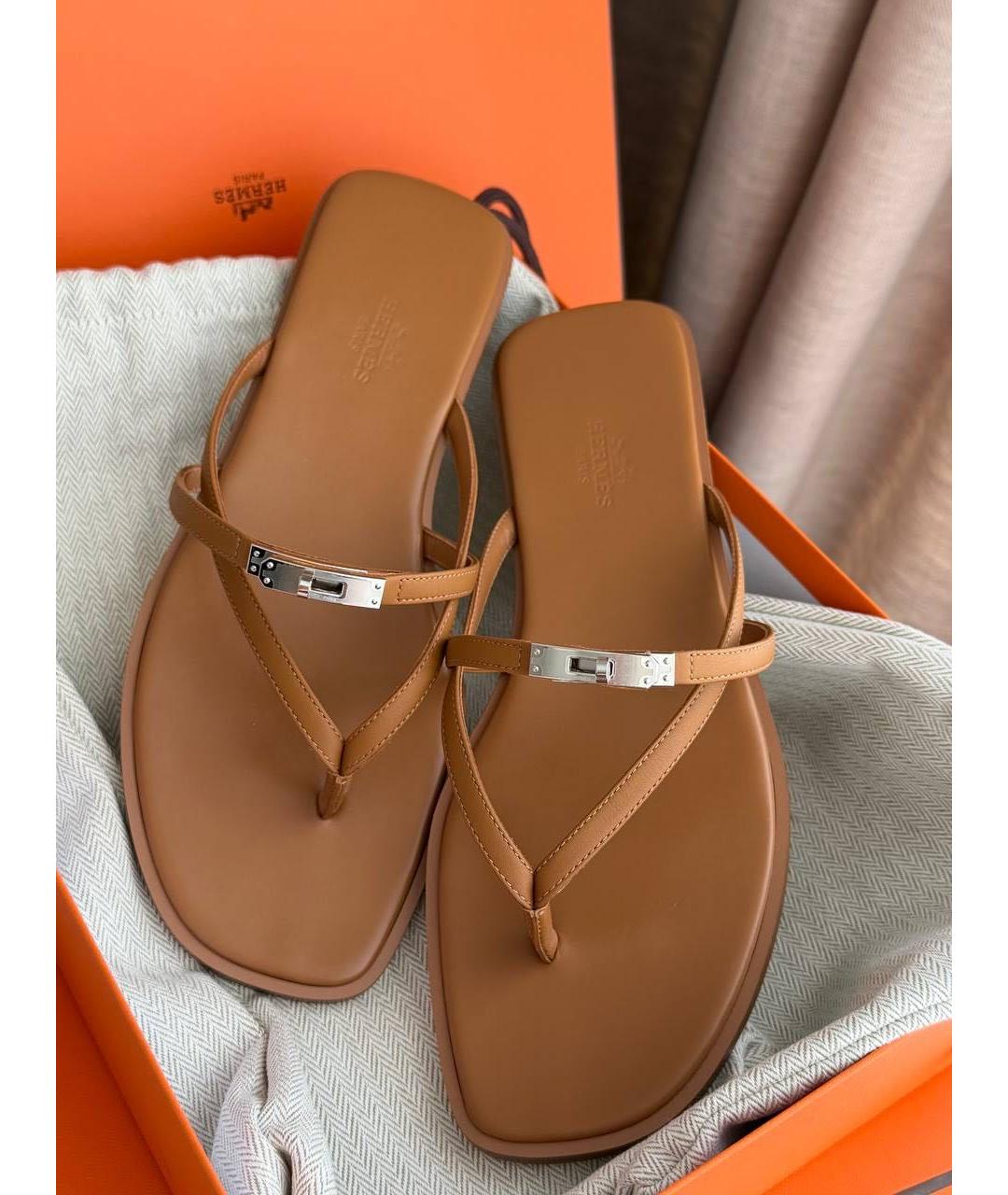 HERMES Коричневые кожаные шлепанцы, фото 2