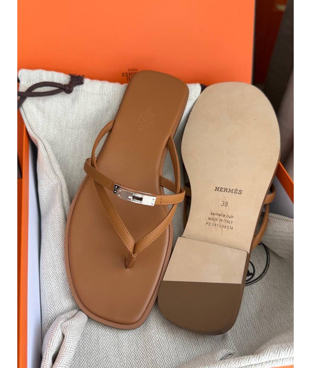 HERMES Коричневые кожаные шлепанцы, фото 3