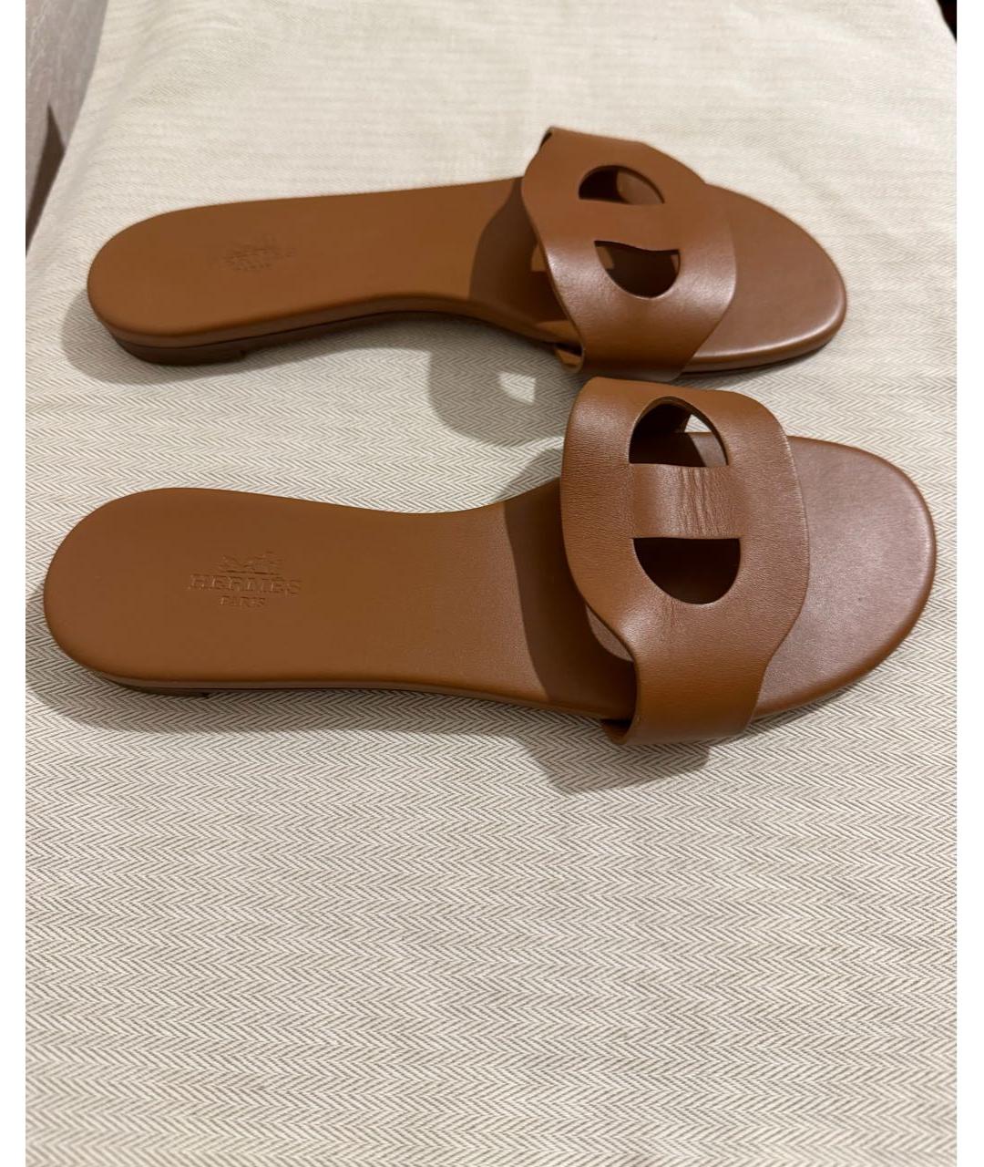 HERMES Коричневые кожаные шлепанцы, фото 7
