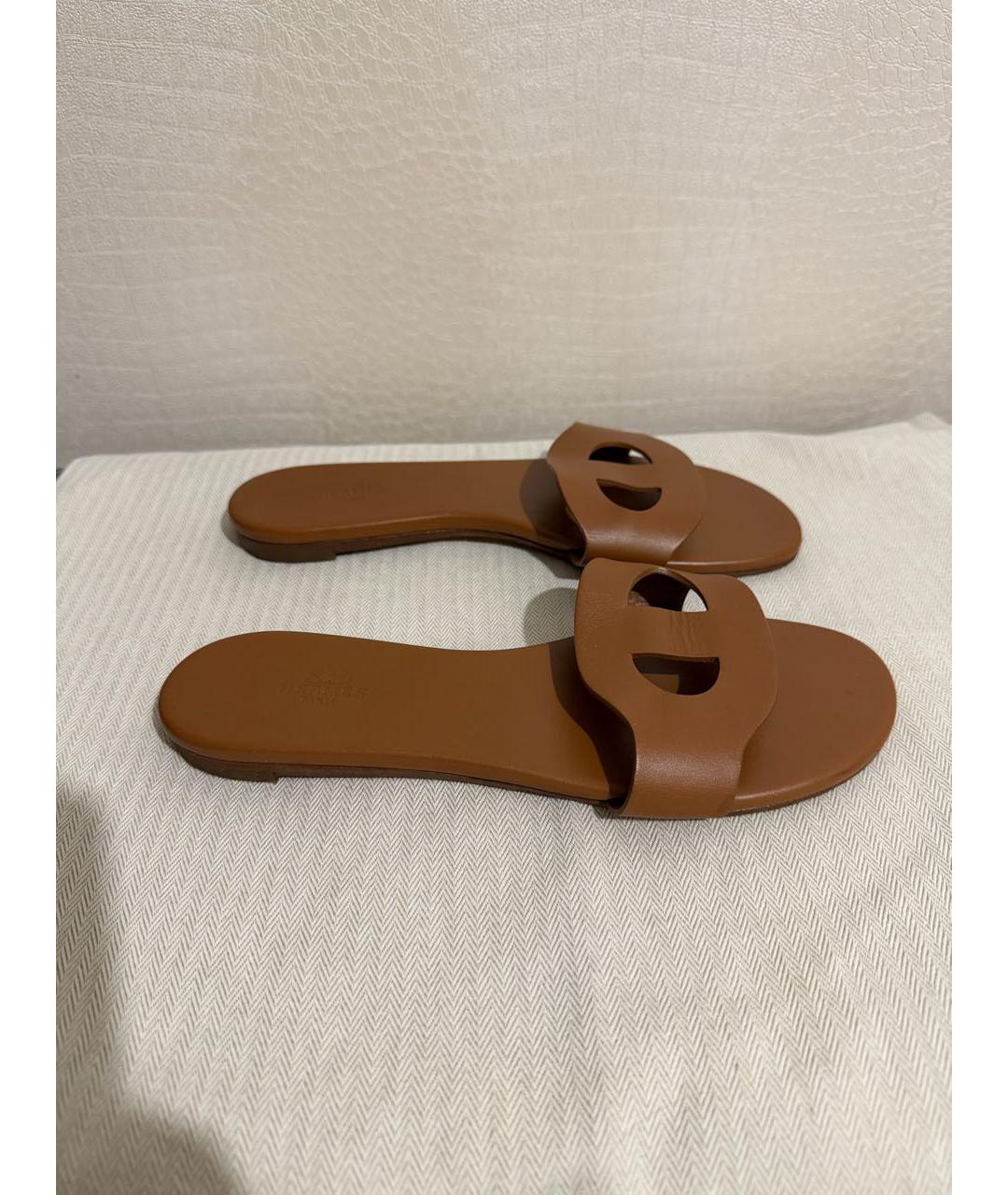 HERMES Коричневые кожаные шлепанцы, фото 2