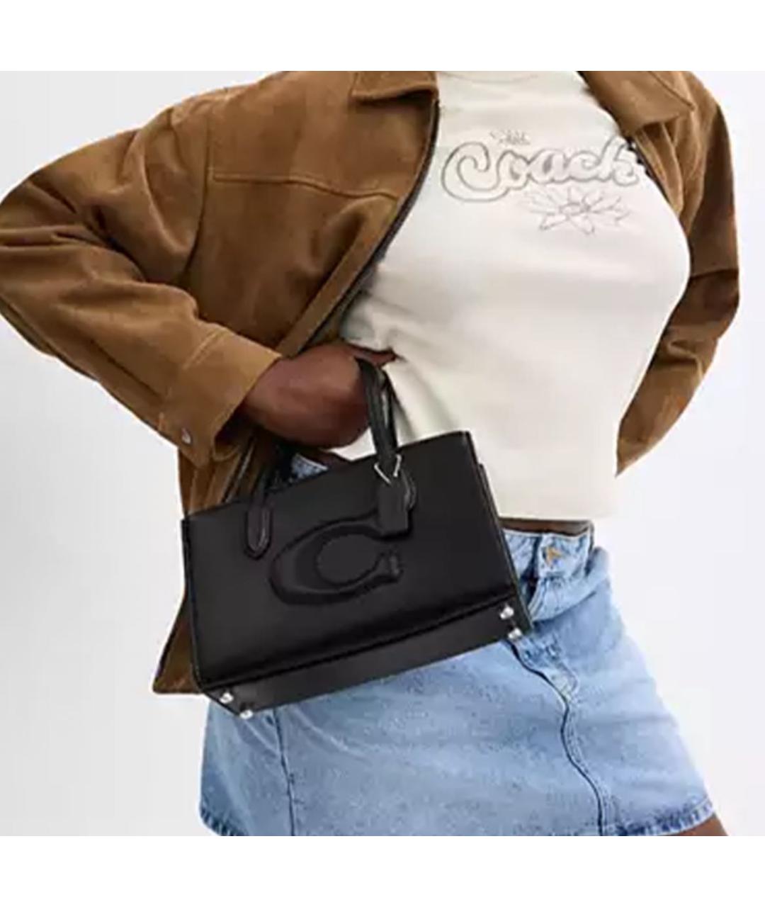 COACH Черная кожаная сумка с короткими ручками, фото 4