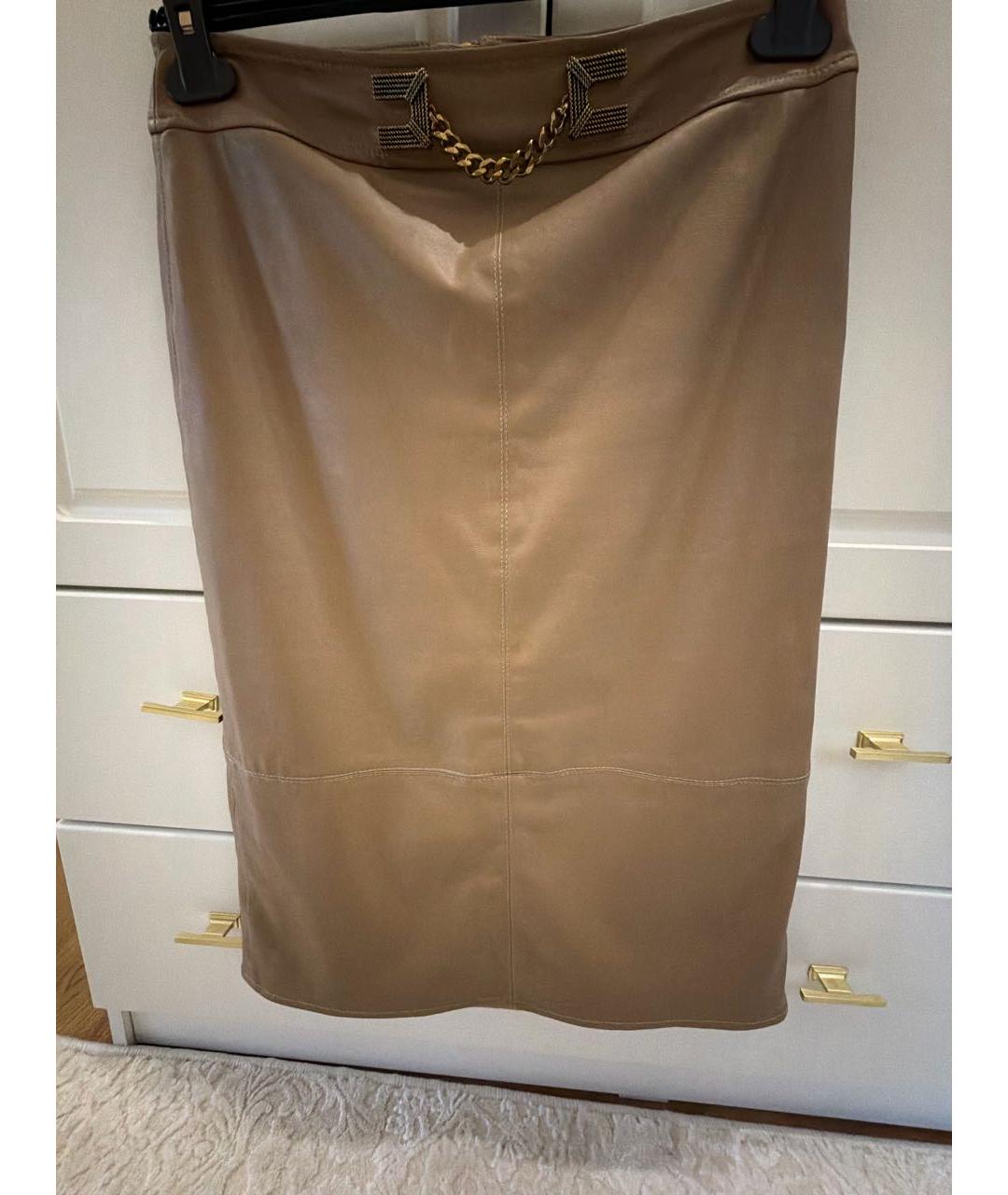 ELISABETTA FRANCHI Бежевая кожаная юбка миди, фото 5