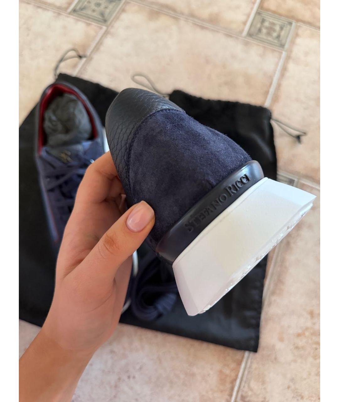 STEFANO RICCI Темно-синие кожаные низкие кроссовки / кеды, фото 5