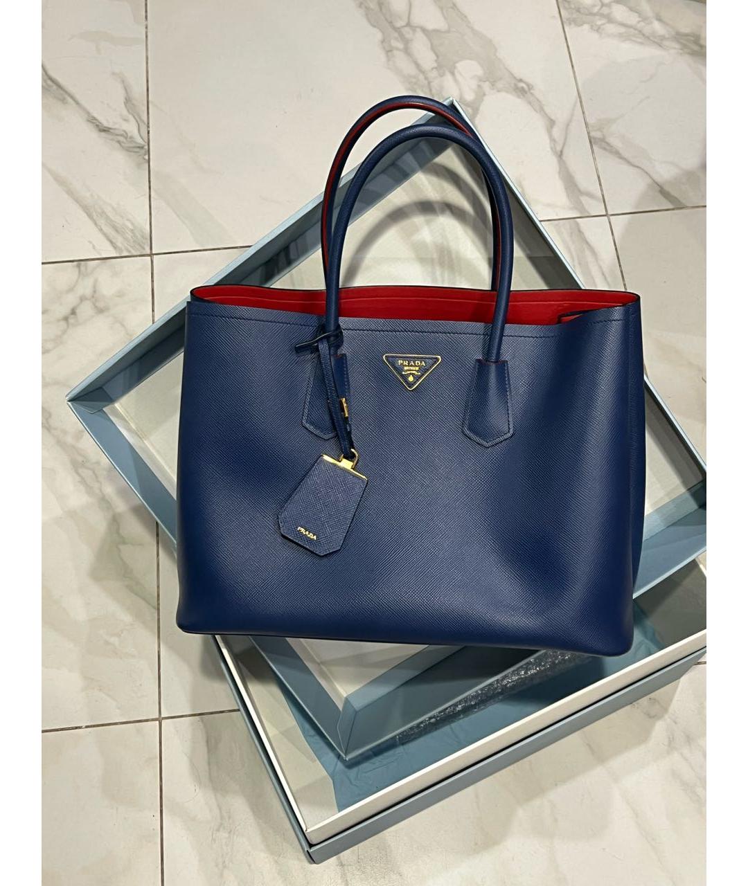 PRADA Темно-синяя кожаная сумка тоут, фото 7