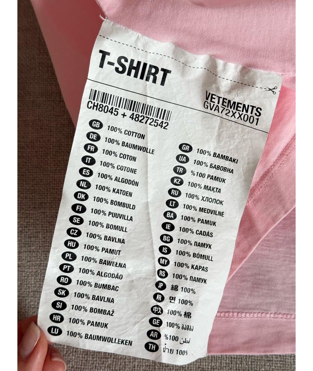 VETEMENTS Розовая хлопковая футболка, фото 5
