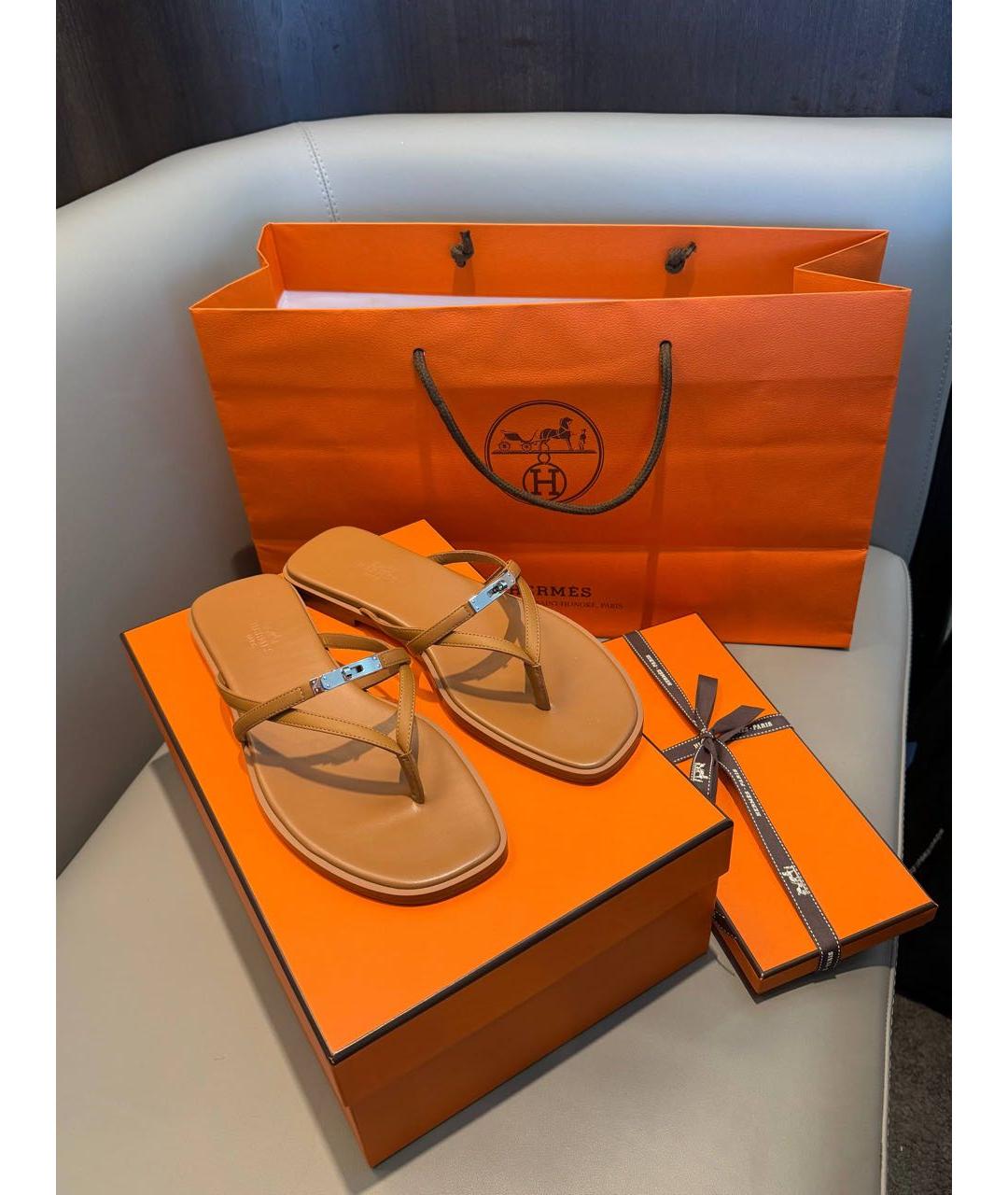 HERMES Коричневые кожаные шлепанцы, фото 6