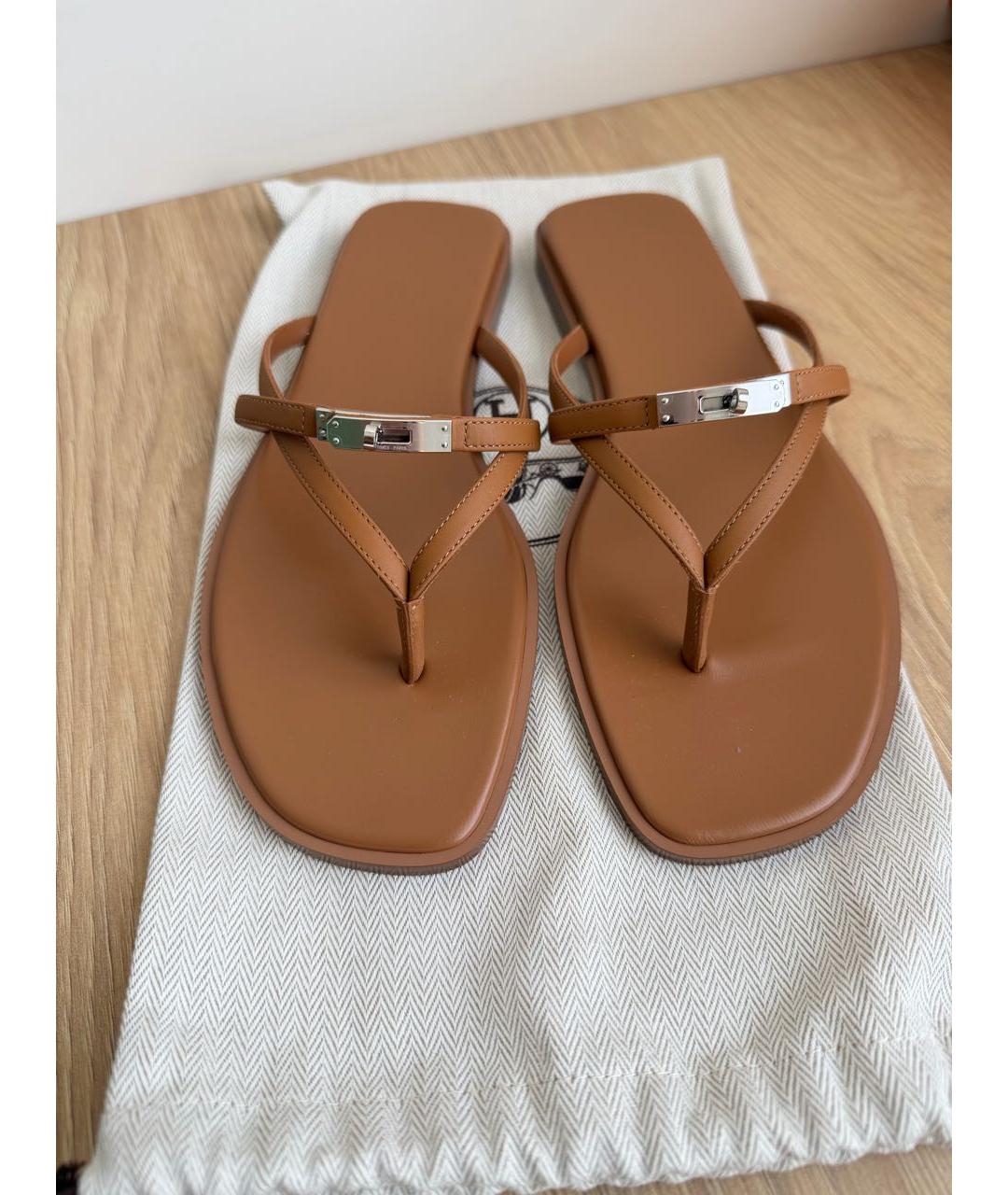 HERMES Коричневые кожаные шлепанцы, фото 2