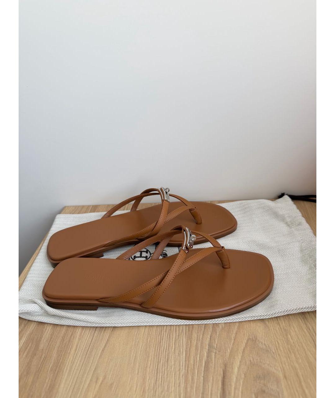 HERMES Коричневые кожаные шлепанцы, фото 7