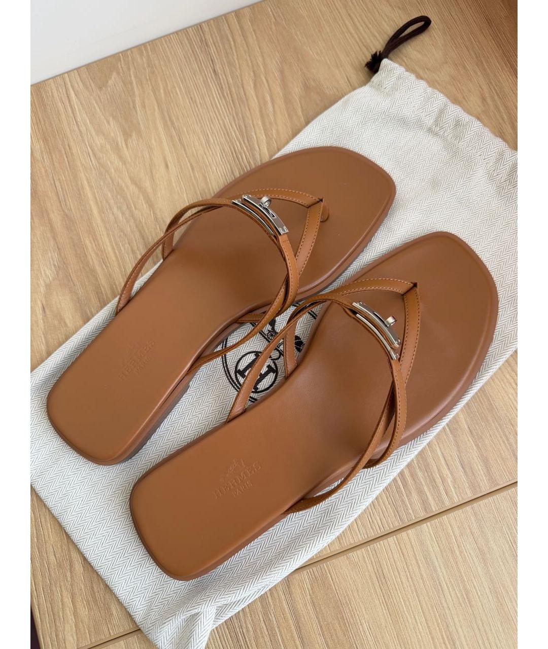 HERMES Коричневые кожаные шлепанцы, фото 4