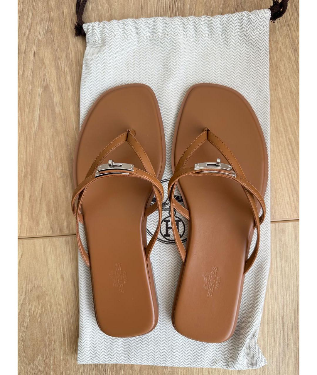 HERMES Коричневые кожаные шлепанцы, фото 3