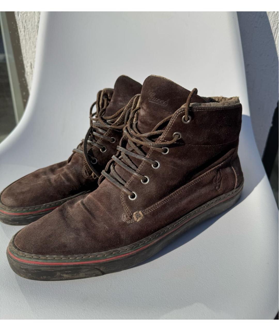 GUCCI Коричневые замшевые высокие кроссовки / кеды, фото 2