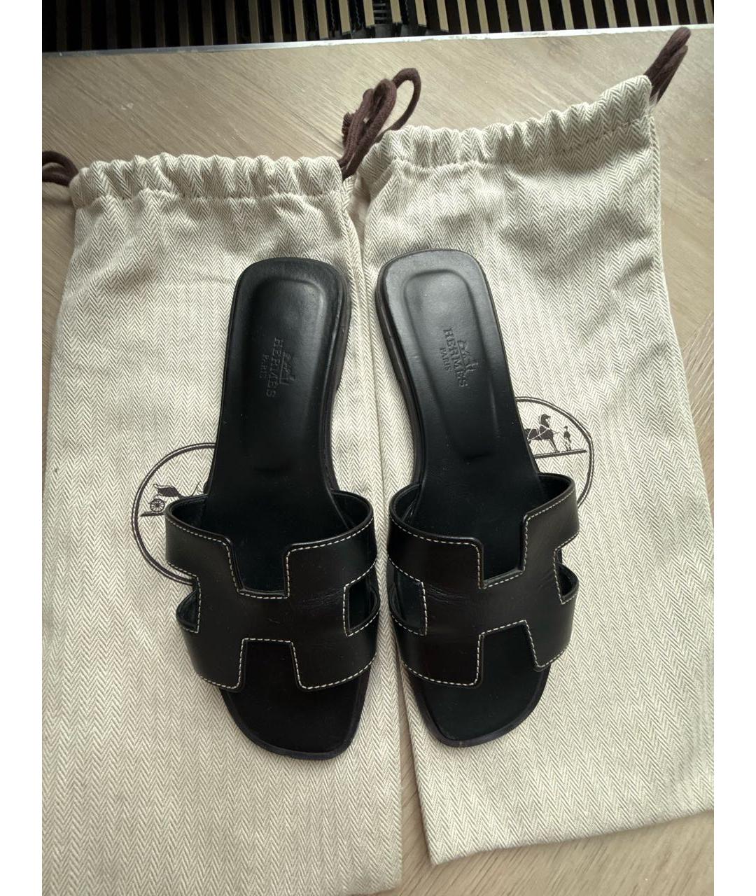 HERMES Черные кожаные шлепанцы, фото 2