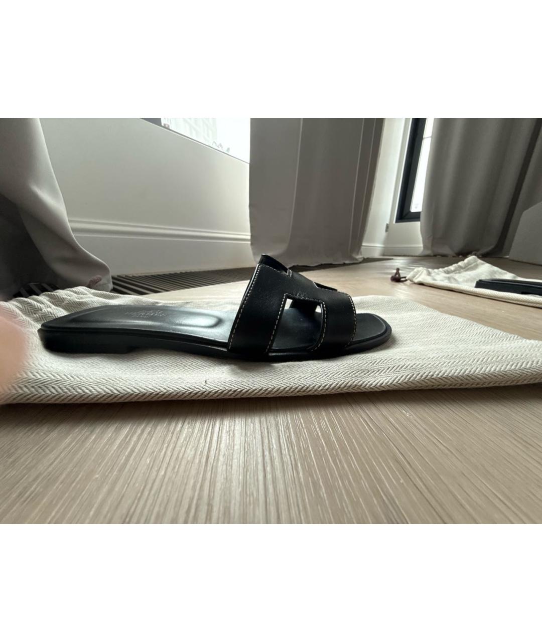 HERMES Черные кожаные шлепанцы, фото 5