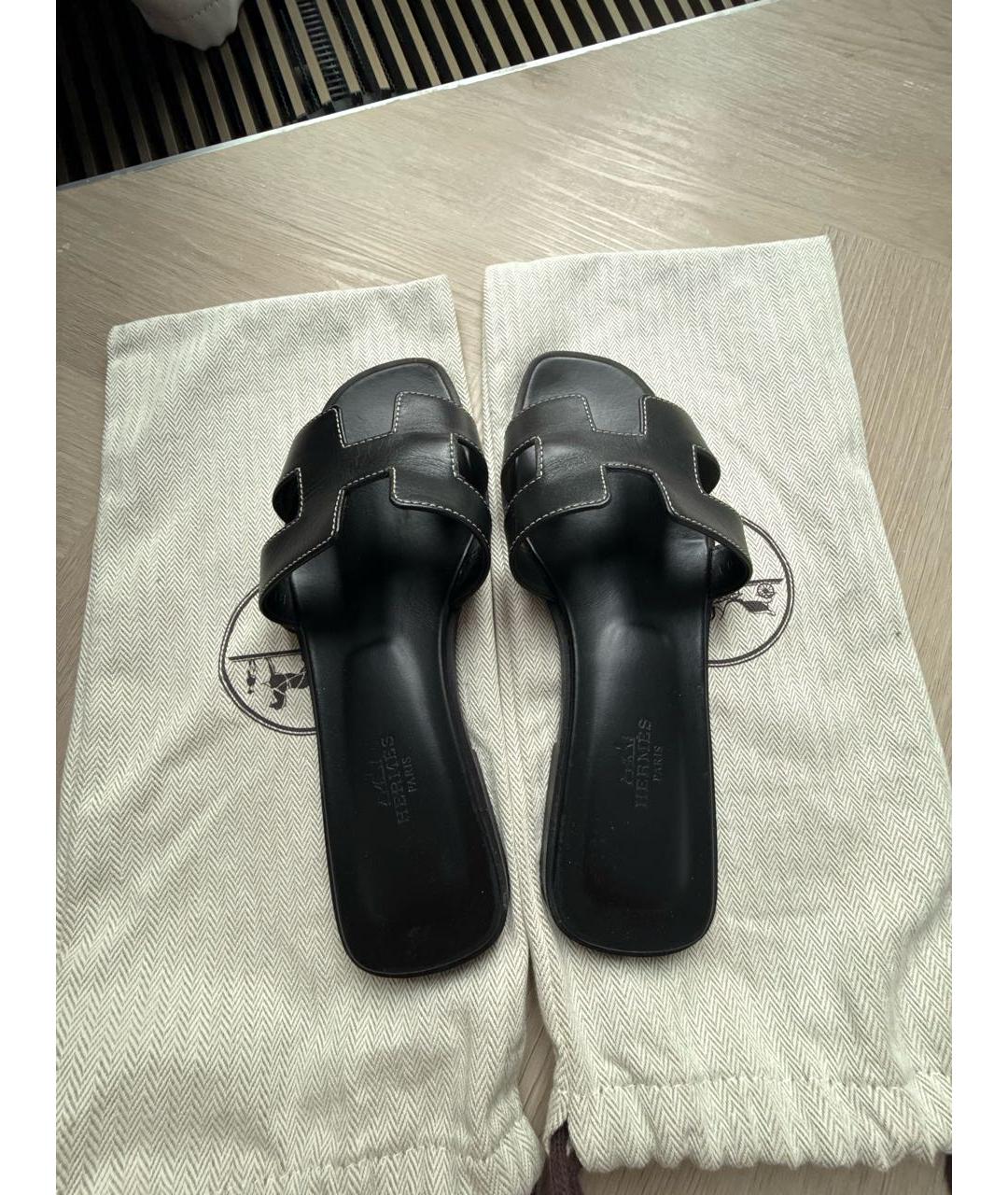 HERMES Черные кожаные шлепанцы, фото 3