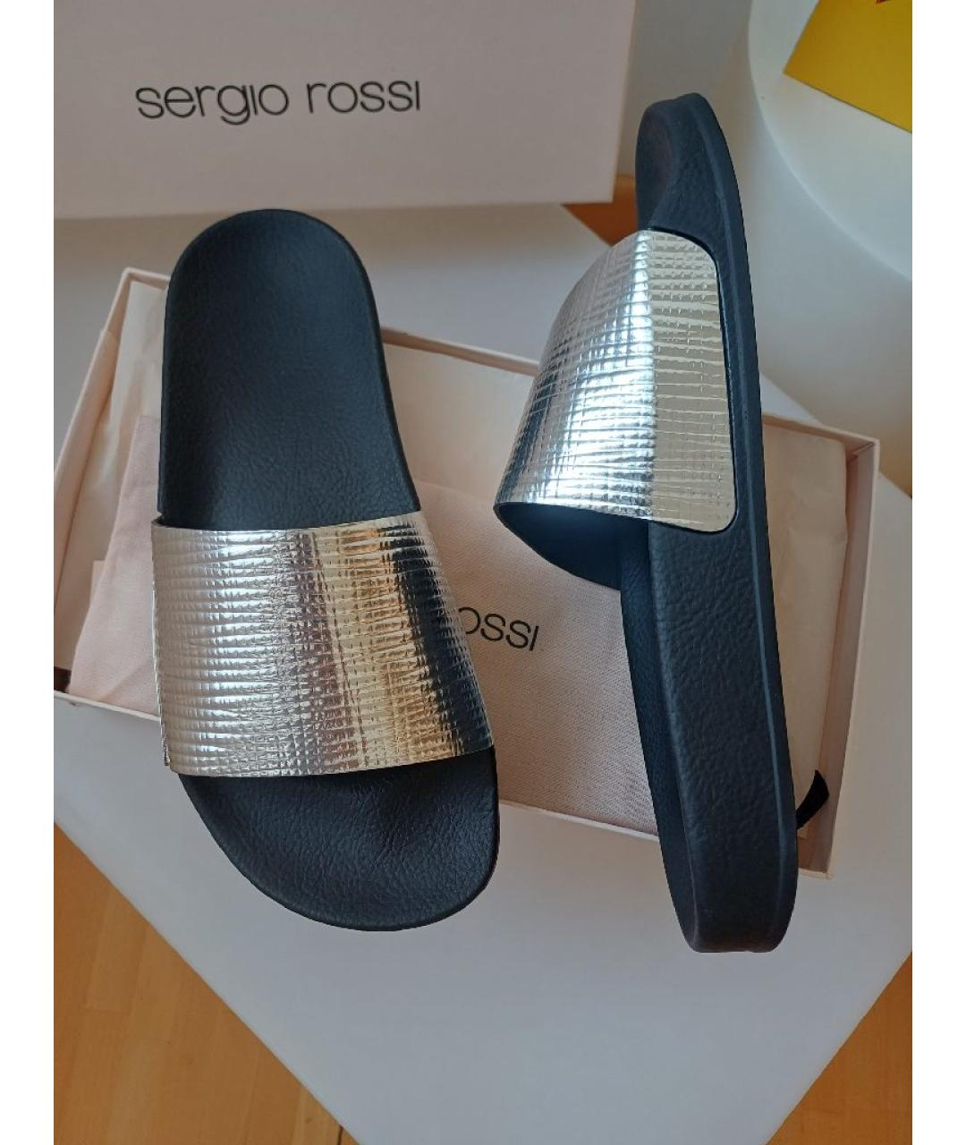 SERGIO ROSSI Серебряные кожаные шлепанцы, фото 5