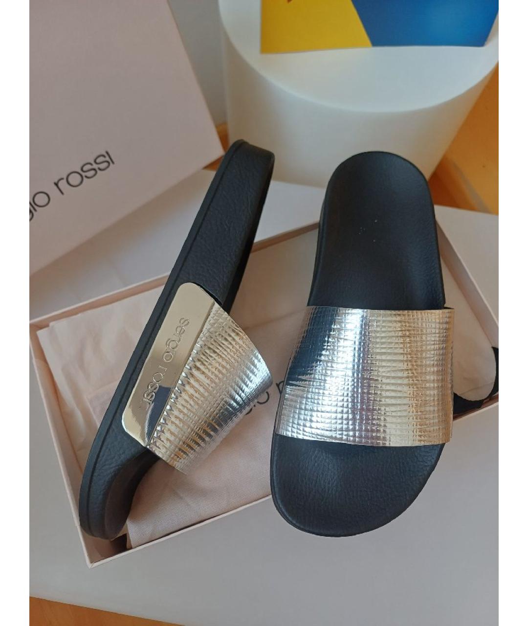 SERGIO ROSSI Серебряные кожаные шлепанцы, фото 4