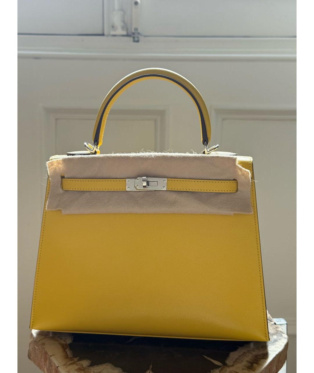 HERMES Желтая кожаная сумка с короткими ручками, фото 9