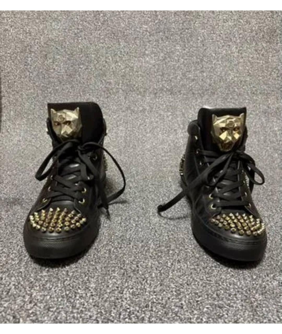 PHILIPP PLEIN Черные кожаные высокие кроссовки / кеды, фото 2