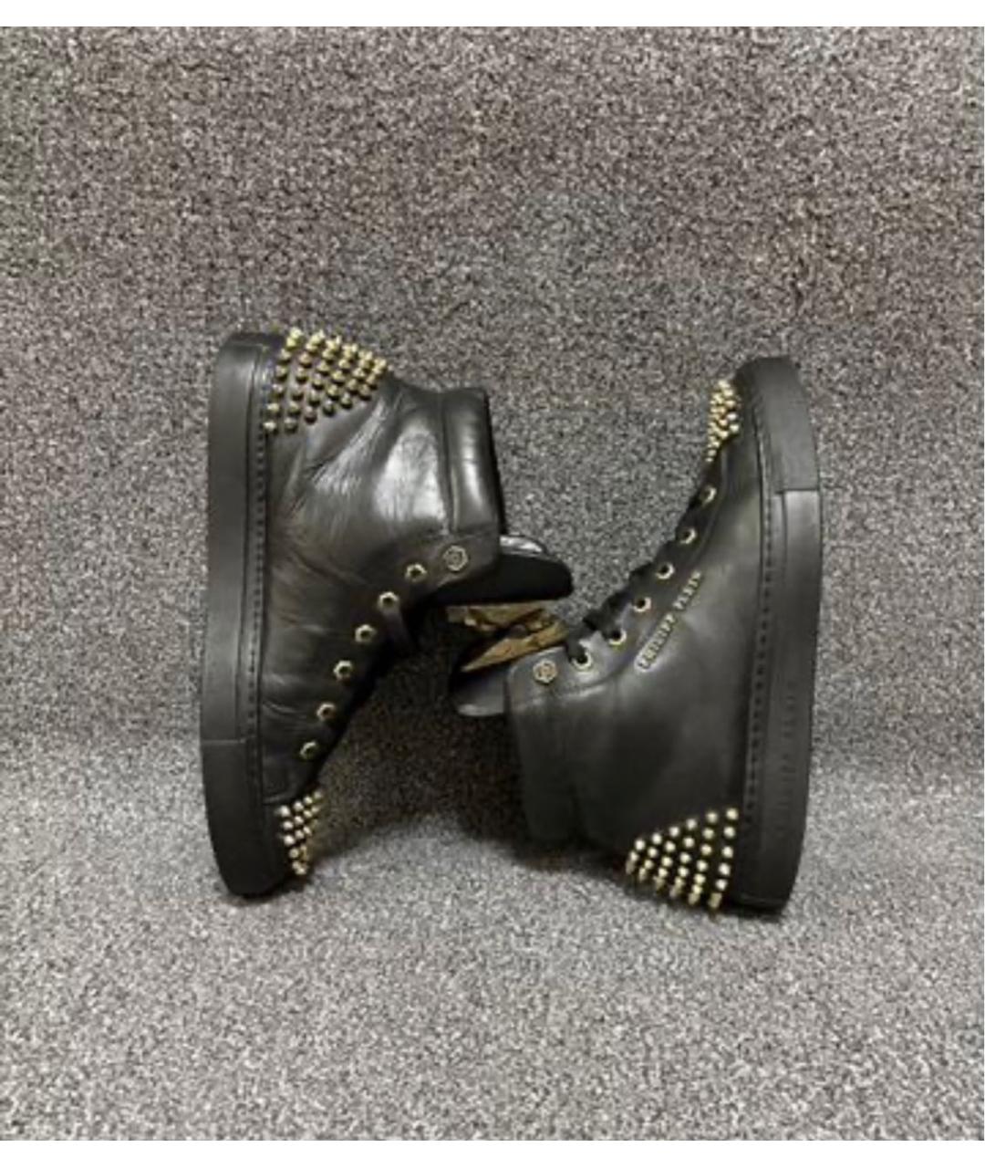 PHILIPP PLEIN Черные кожаные высокие кроссовки / кеды, фото 6