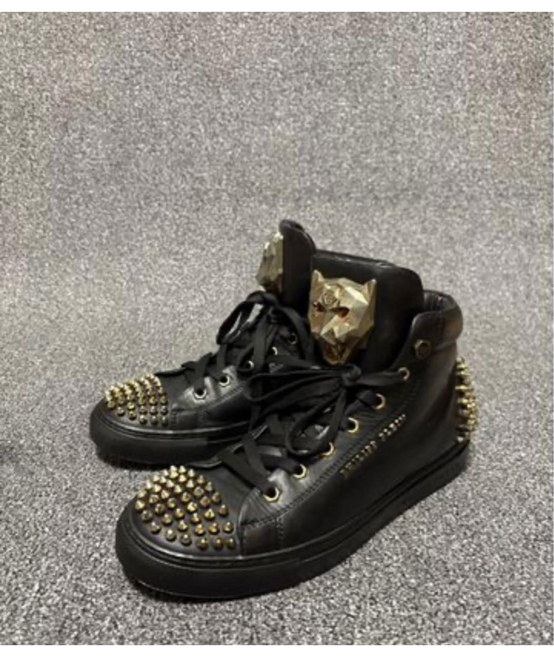 PHILIPP PLEIN Черные кожаные высокие кроссовки / кеды, фото 3