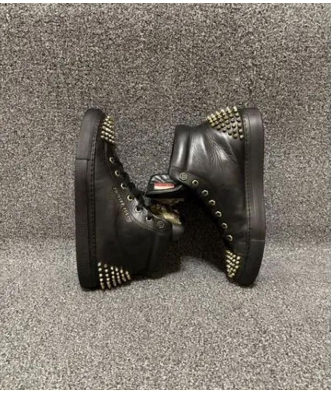 PHILIPP PLEIN Черные кожаные высокие кроссовки / кеды, фото 5