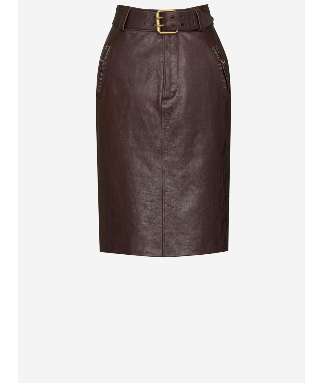 SAINT LAURENT Коричневая кожаная юбка миди, фото 4
