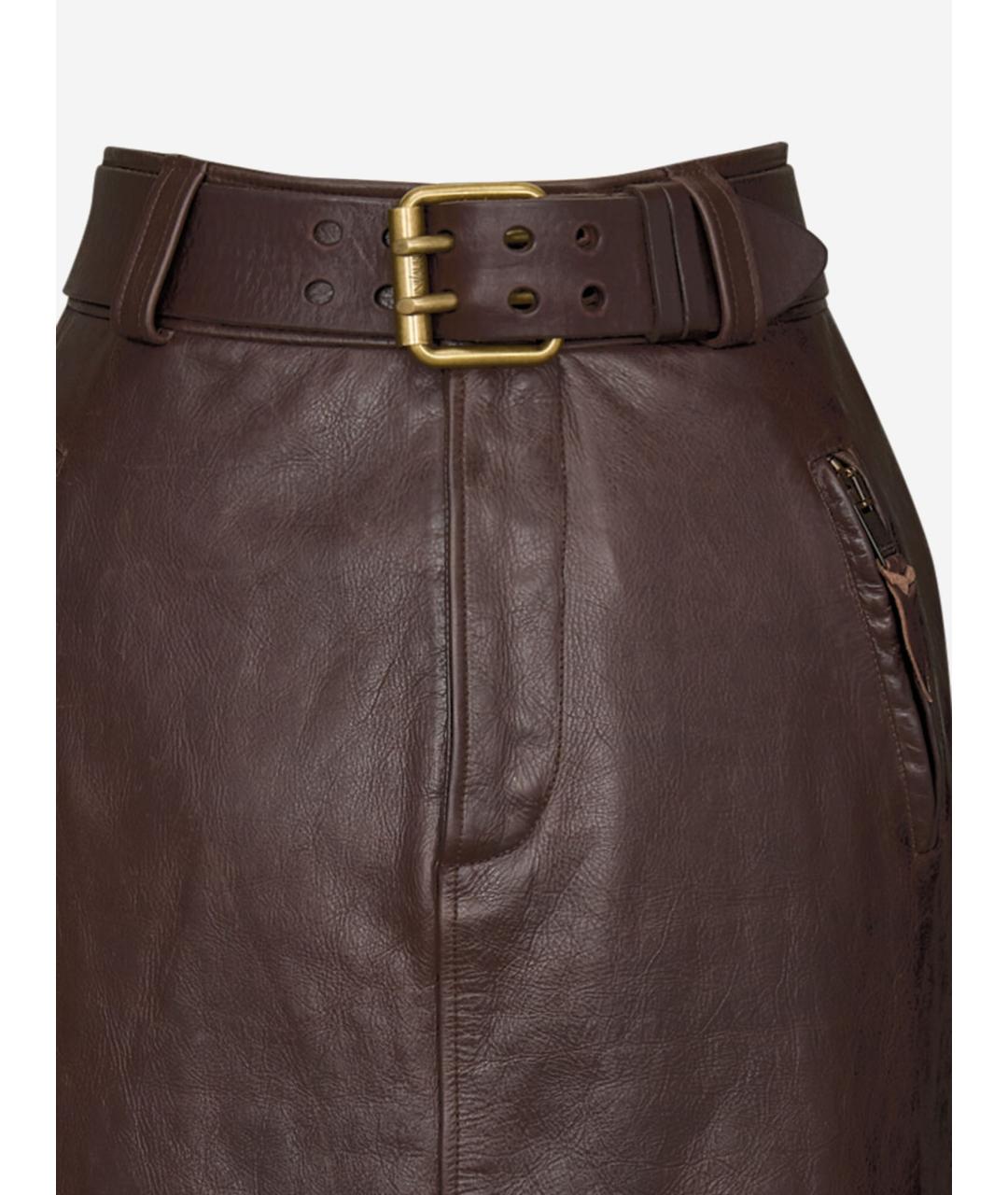 SAINT LAURENT Коричневая кожаная юбка миди, фото 3