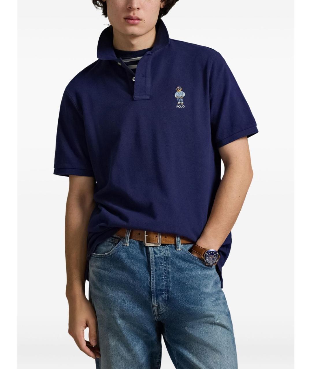 POLO RALPH LAUREN Темно-синее хлопковое поло с коротким рукавом, фото 2