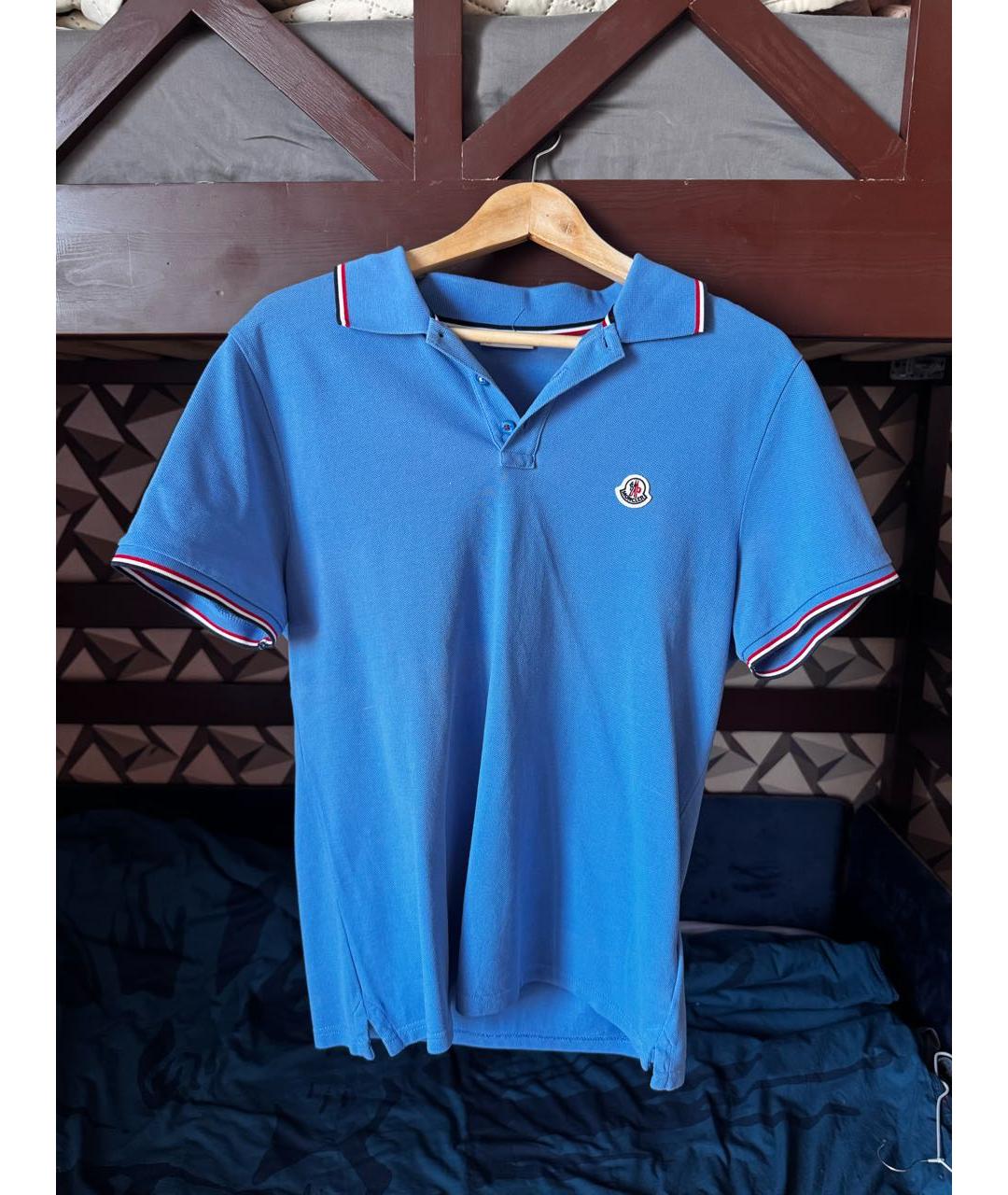 MONCLER Синее хлопковое поло с коротким рукавом, фото 4