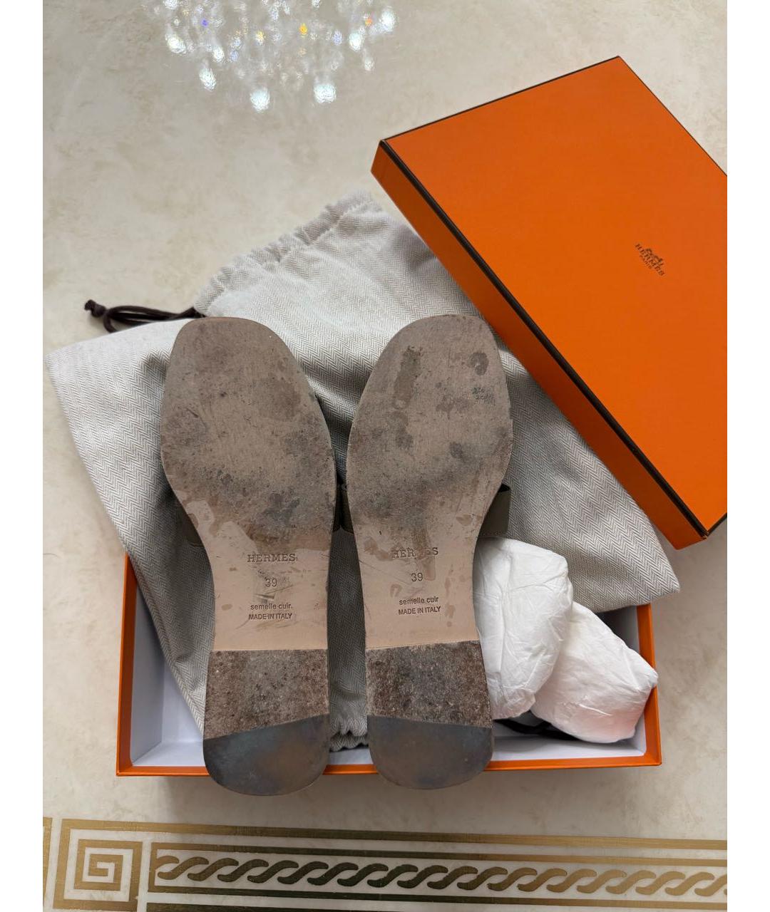 HERMES Коричневые кожаные шлепанцы, фото 5