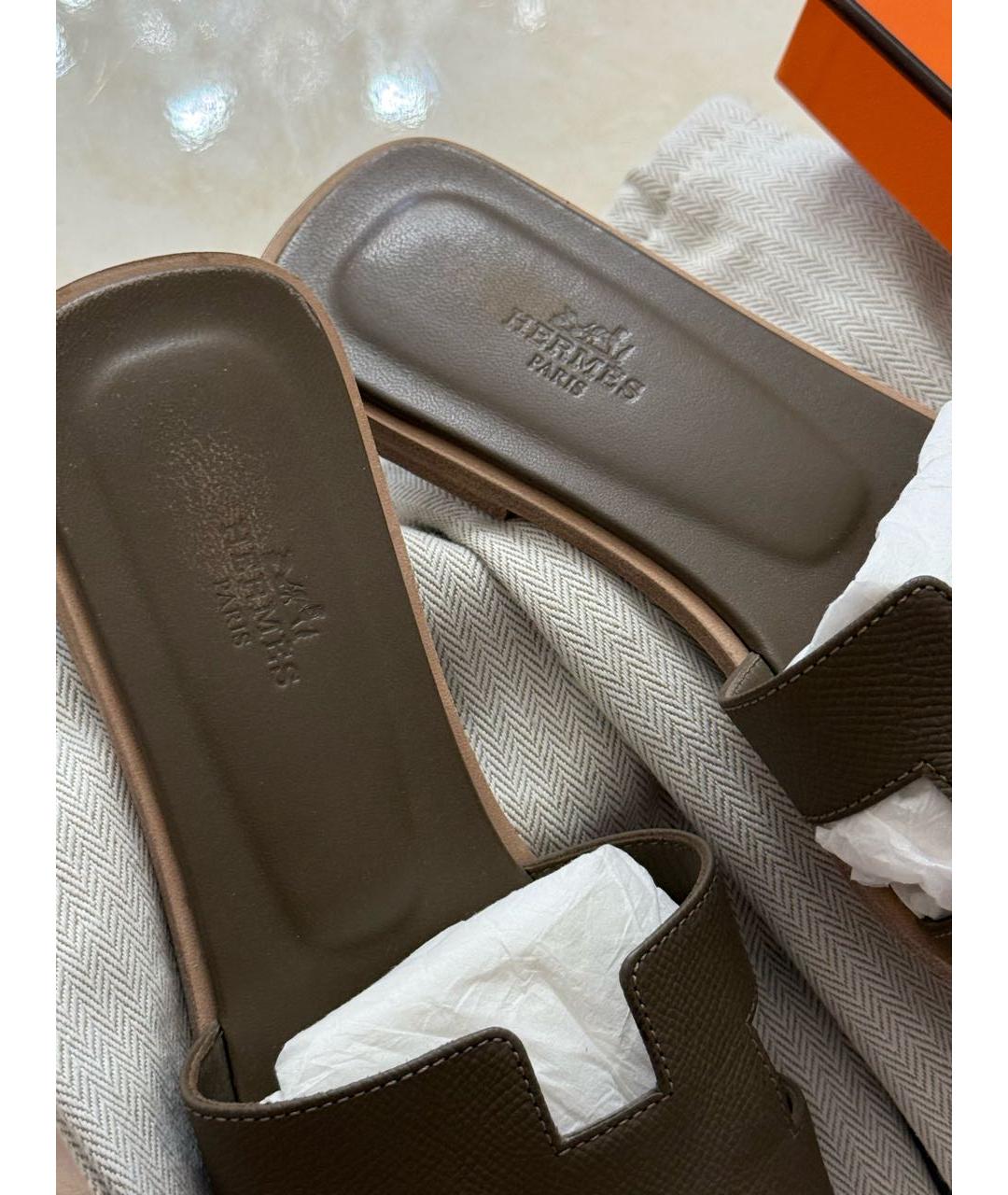 HERMES Коричневые кожаные шлепанцы, фото 3