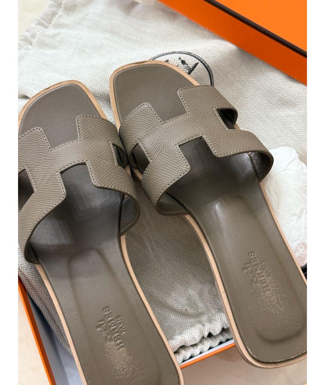 HERMES Коричневые кожаные шлепанцы, фото 4