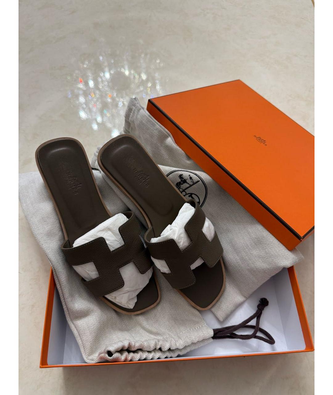 HERMES Коричневые кожаные шлепанцы, фото 7