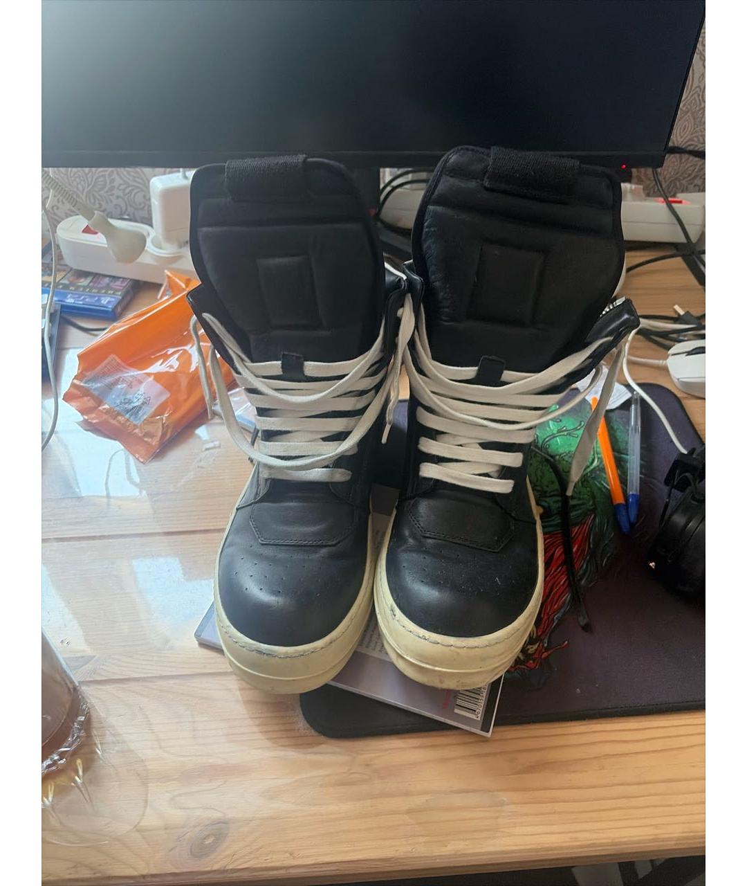 RICK OWENS Черные кожаные высокие кроссовки / кеды, фото 7