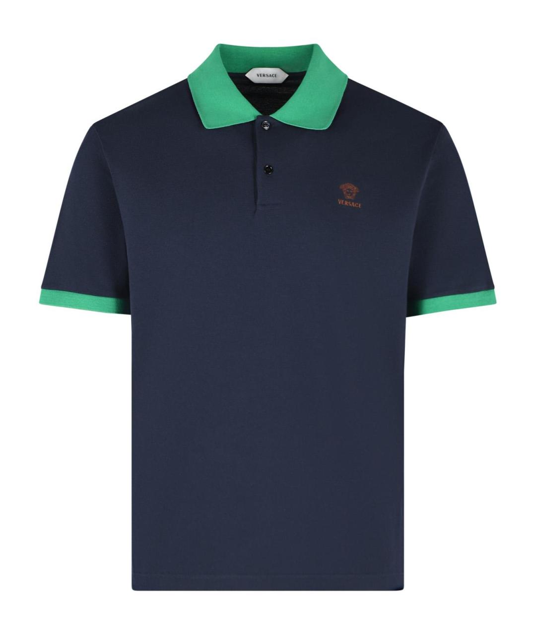 VERSACE Темно-синее хлопковое поло с коротким рукавом, фото 1
