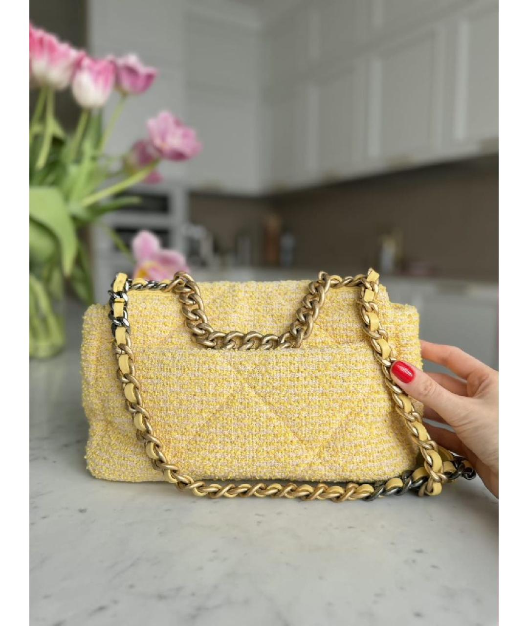 CHANEL Желтая твидовая сумка через плечо, фото 3