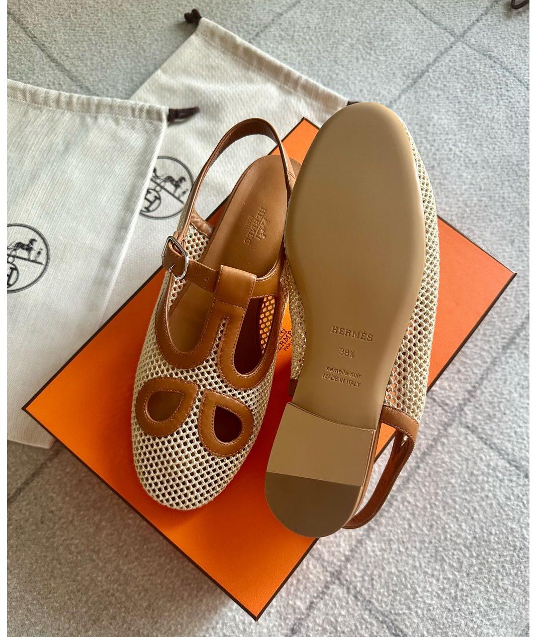 HERMES Бежевые текстильные балетки, фото 3