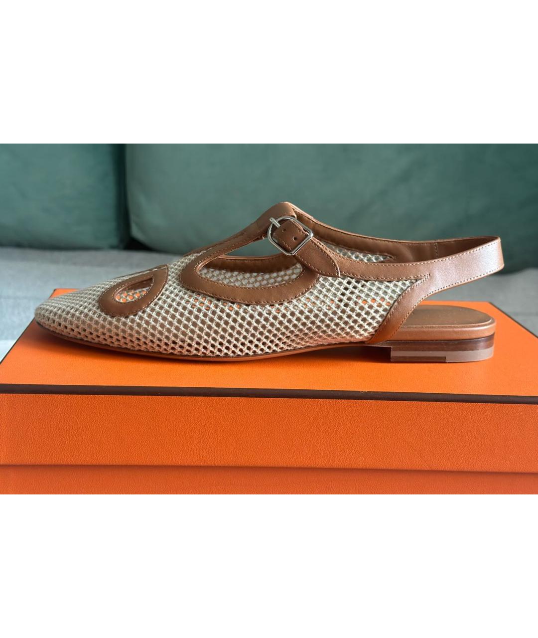 HERMES Бежевые текстильные балетки, фото 7