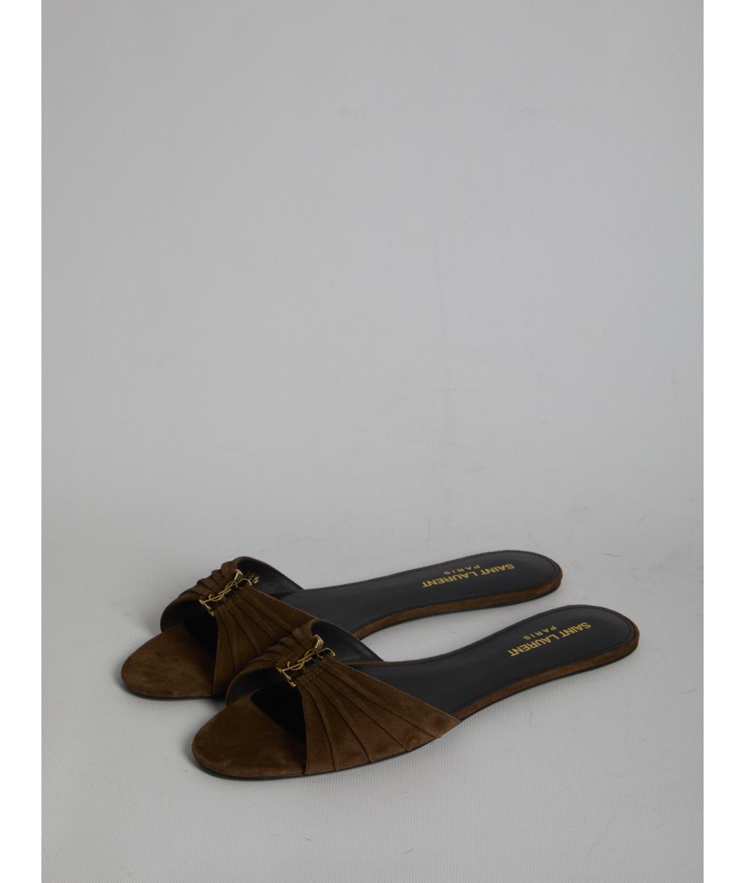 SAINT LAURENT Коричневые замшевые шлепанцы, фото 2